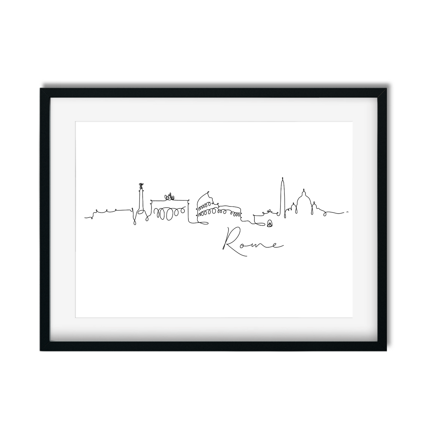Detailed hand-drawn Rome cityscape print featuring Colosseum, St. Peter’s Basilica, and historic landmarks