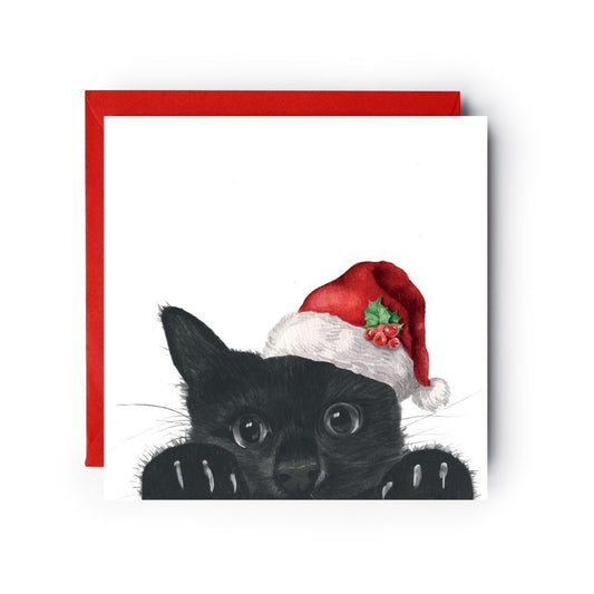 Charming hand-drawn Christmas card featuring Sansuna the peeking cat wearing a festive Santa hat, perfect for spreading holiday joy.