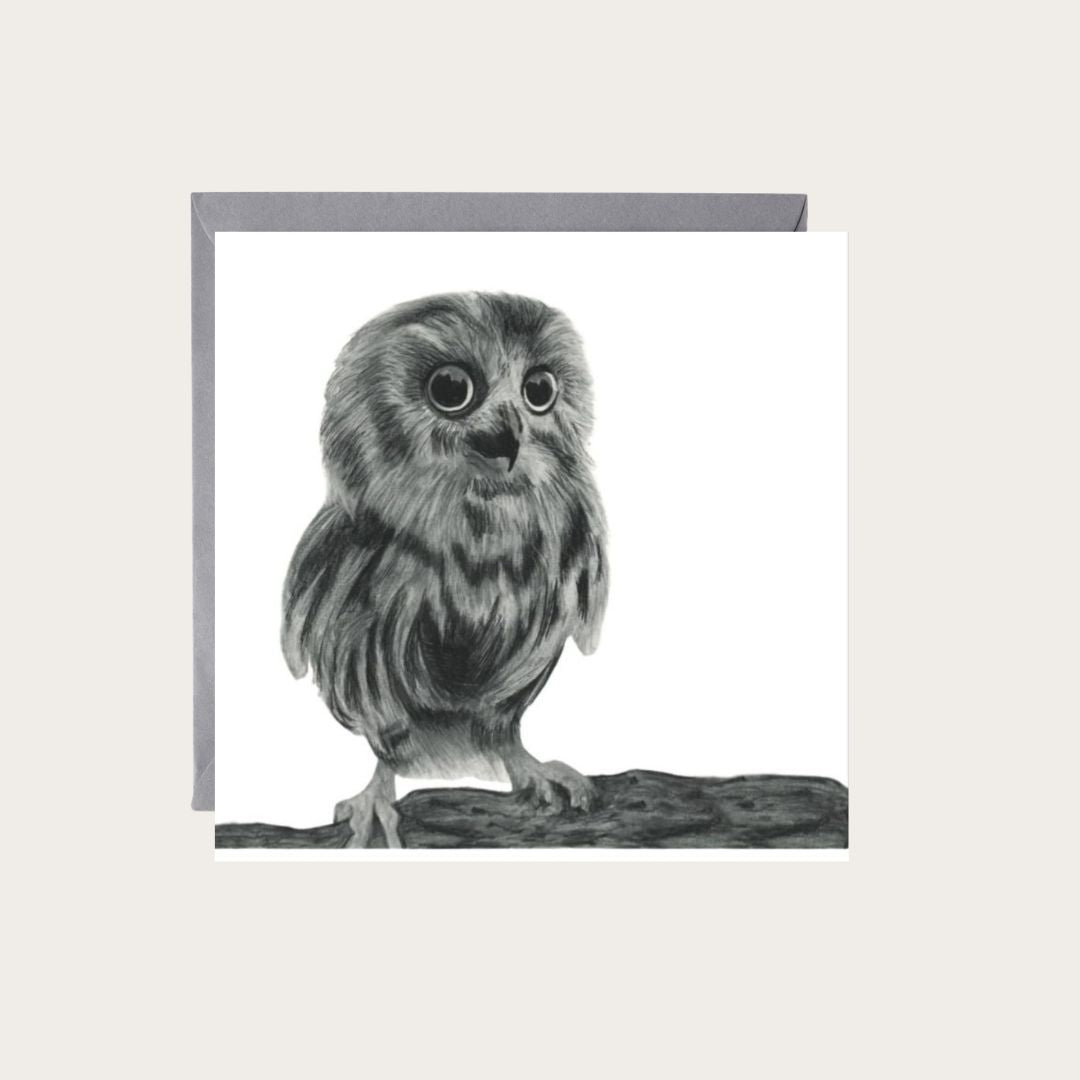Hand-drawn Talitha the Baby Owl greeting card, featuring an adorable wildlife illustration.