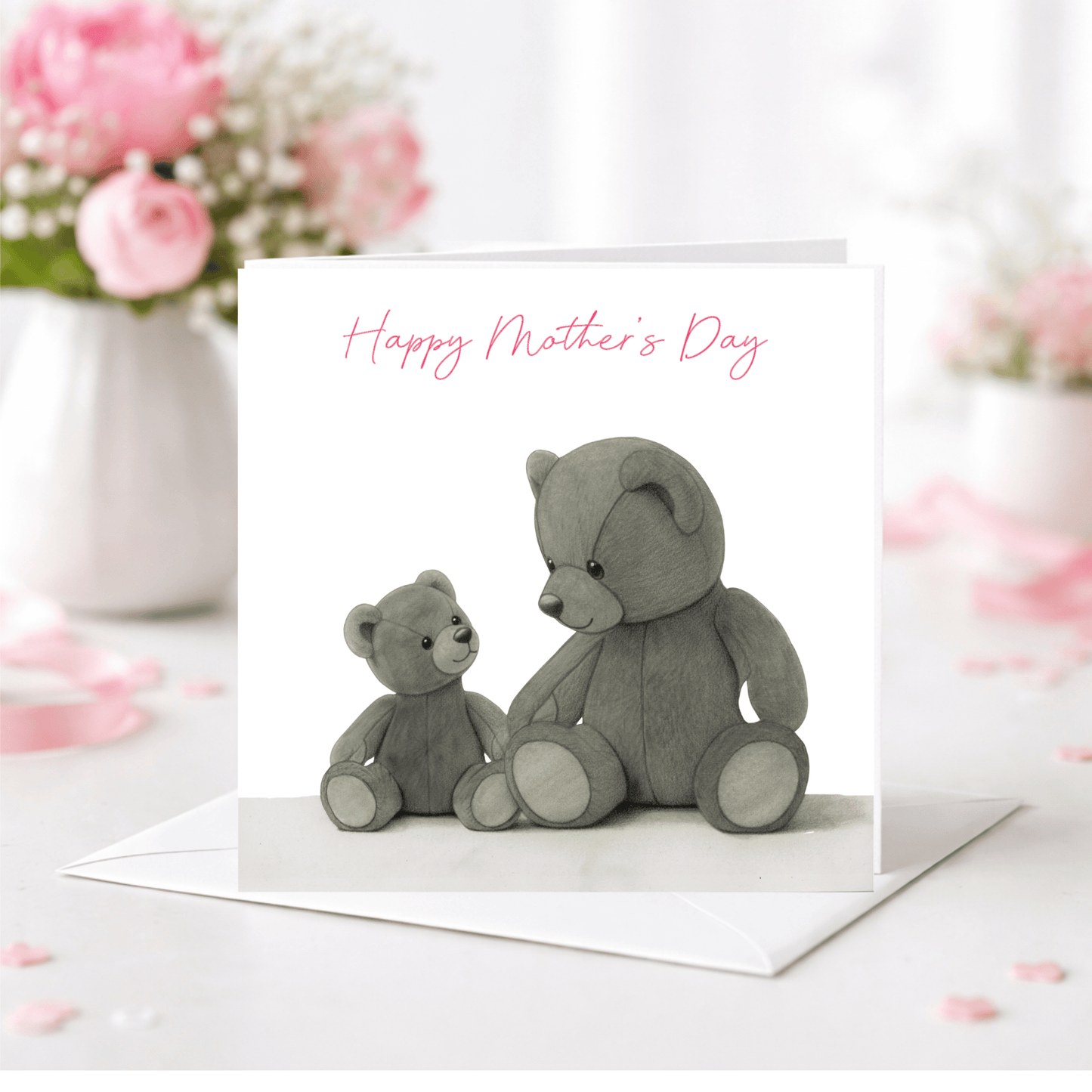 Mother's Day card with two gray teddy bears and flowers in the background