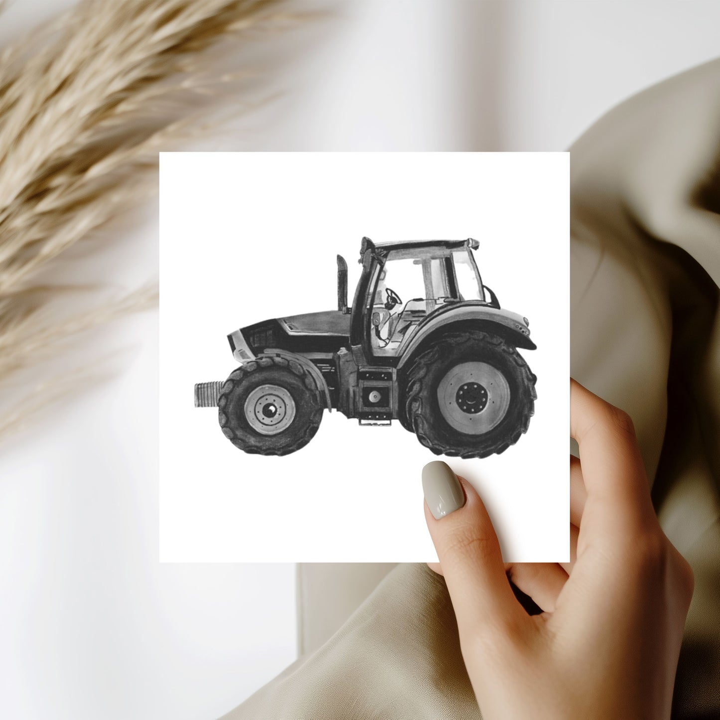 Hand-drawn tractor greeting card, featuring a rustic countryside illustration.