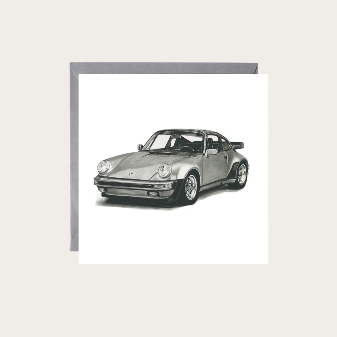 Stunning hand-drawn Porsche Edition sports car greeting card, perfect for automotive fans.