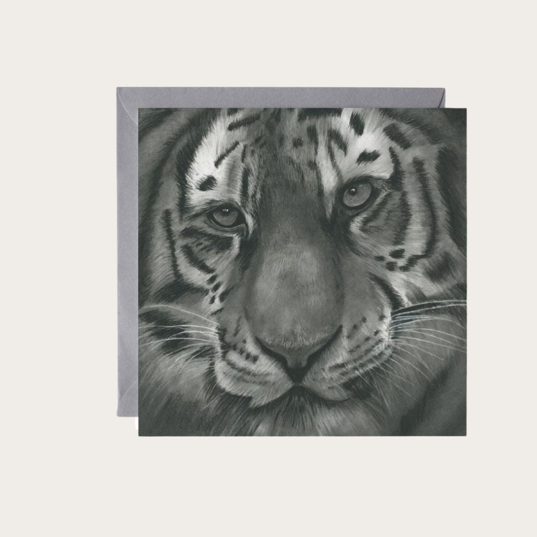 Stunning wildlife art of Hercules the Tiger on a hand-drawn greeting card, perfect for all occasions.