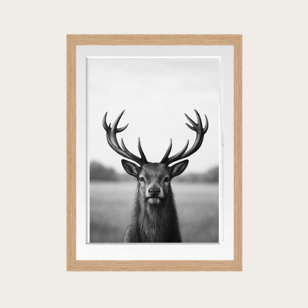 Stag fine art print featuring detailed pencil wildlife artwork