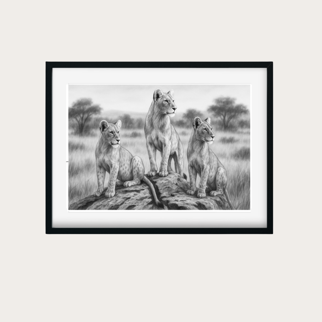 Three Lionesses Drawing | Wildlife Art from Zambia