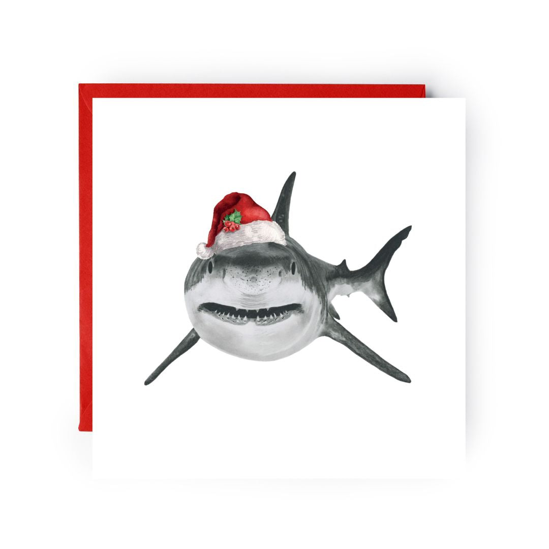Vega the shark wearing a jolly Santa hat, hand-drawn festive Christmas greeting card.
