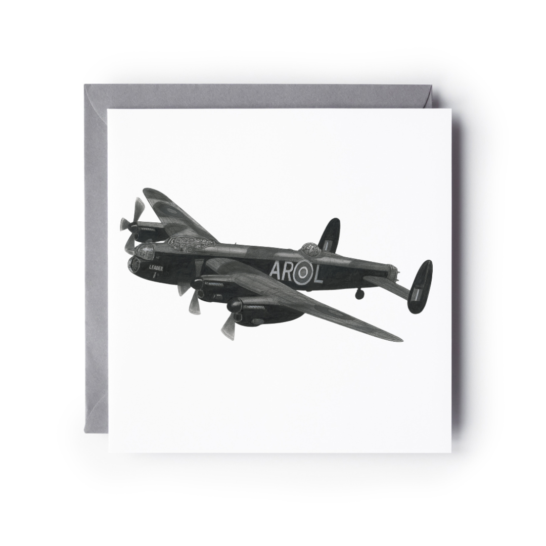 Vintage Avro Lancaster plane illustration on a greeting card