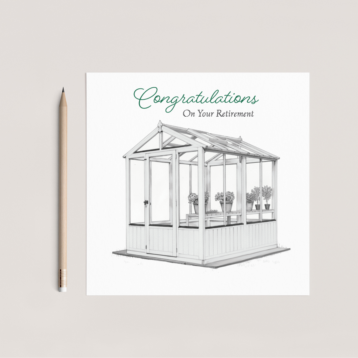The Greenhouse Retreat | Hand-Drawn Botanical Retirement Card