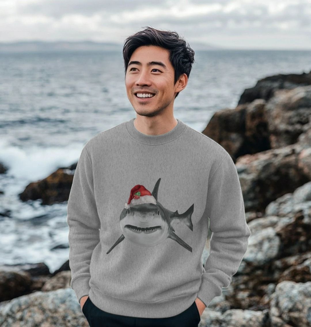 Men's Crew Neck Festive Shark Sweater Certified Organic Cotton