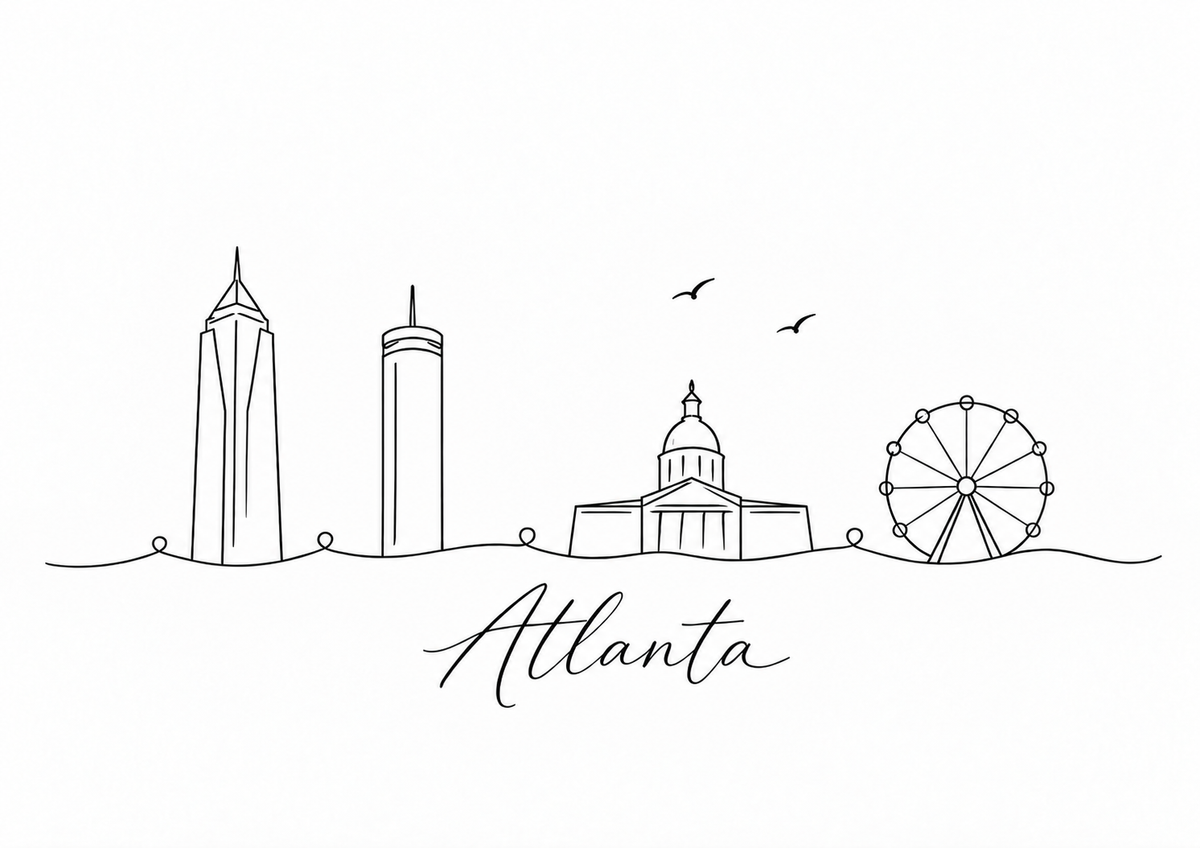 Atlanta skyline artwork featuring black line landmarks and city lettering on a white background