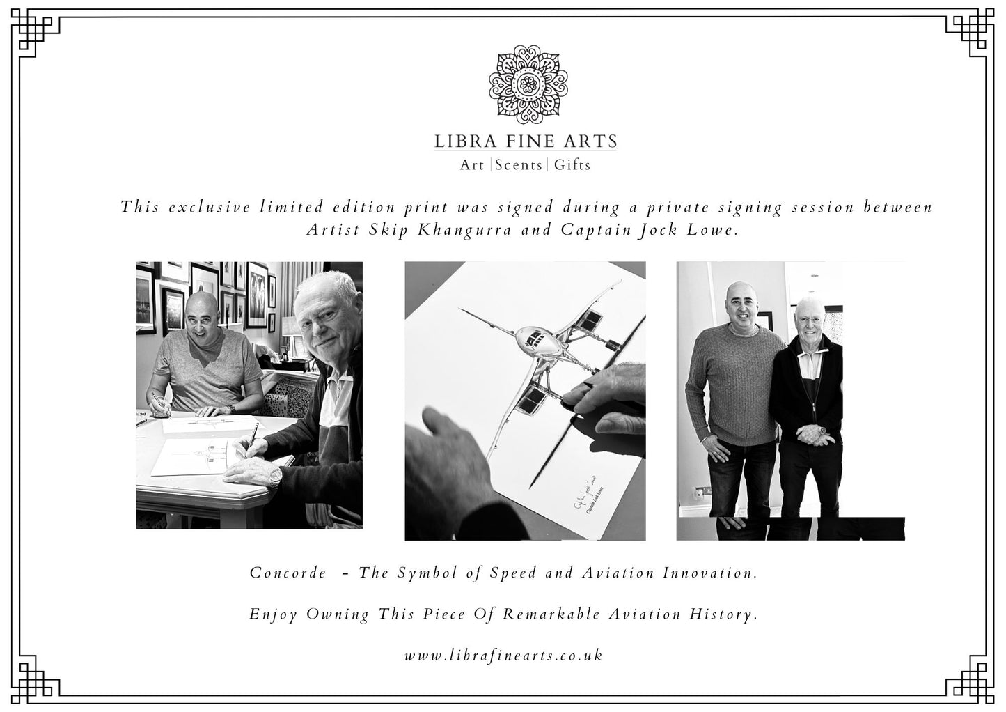 A close-up image of the authenticity certificate for the limited edition, hand-signed Concorde artwork. The certificate includes details such as the edition number, the artist's signature, and a statement verifying the print's authenticity. It is a crucial document that accompanies the artwork, providing proof of its limited edition status and confirming the artist's involvement, ensuring the piece's value and uniqueness for collectors.