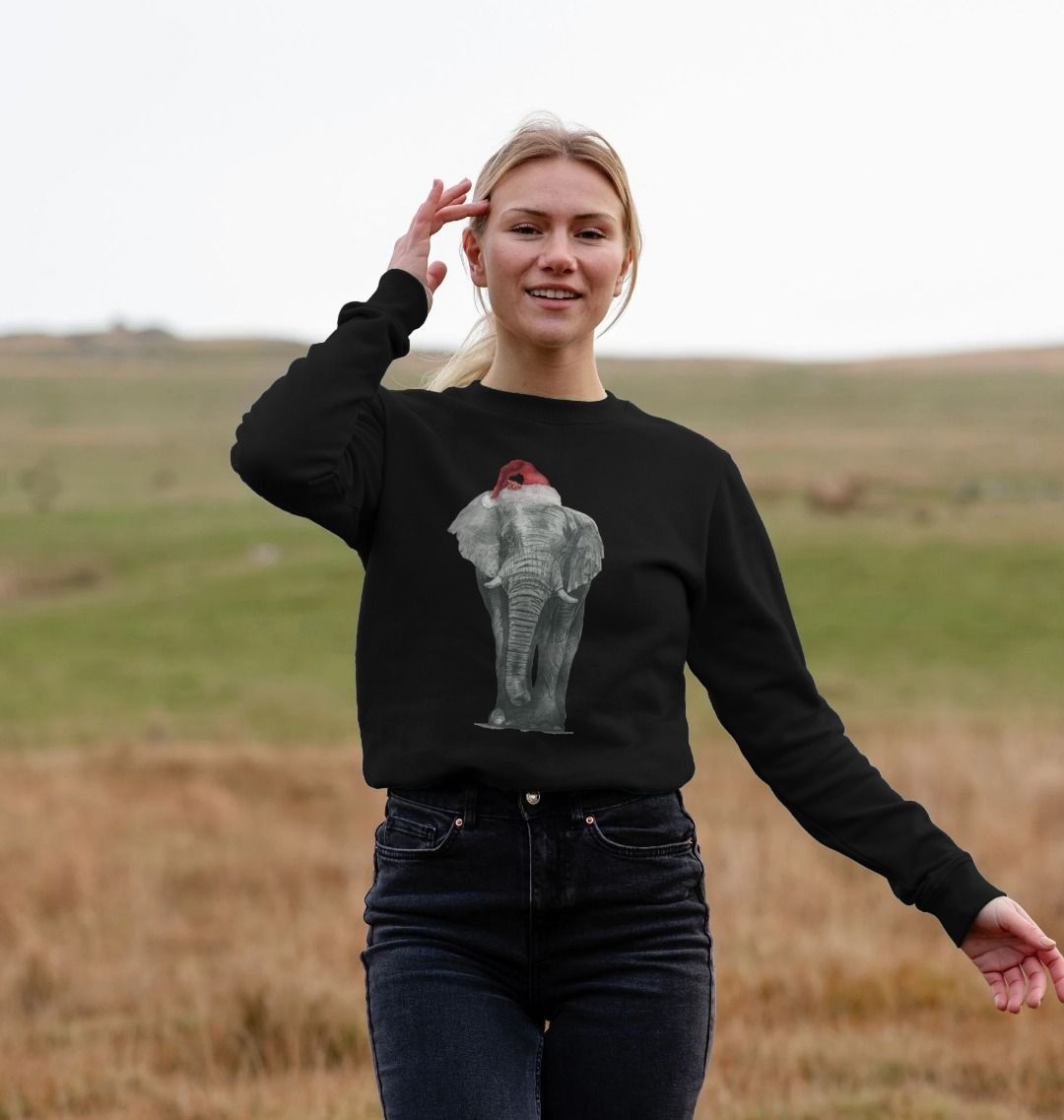 Women's Crew Neck Festive Elephant Sweater Certified Organic Cotton