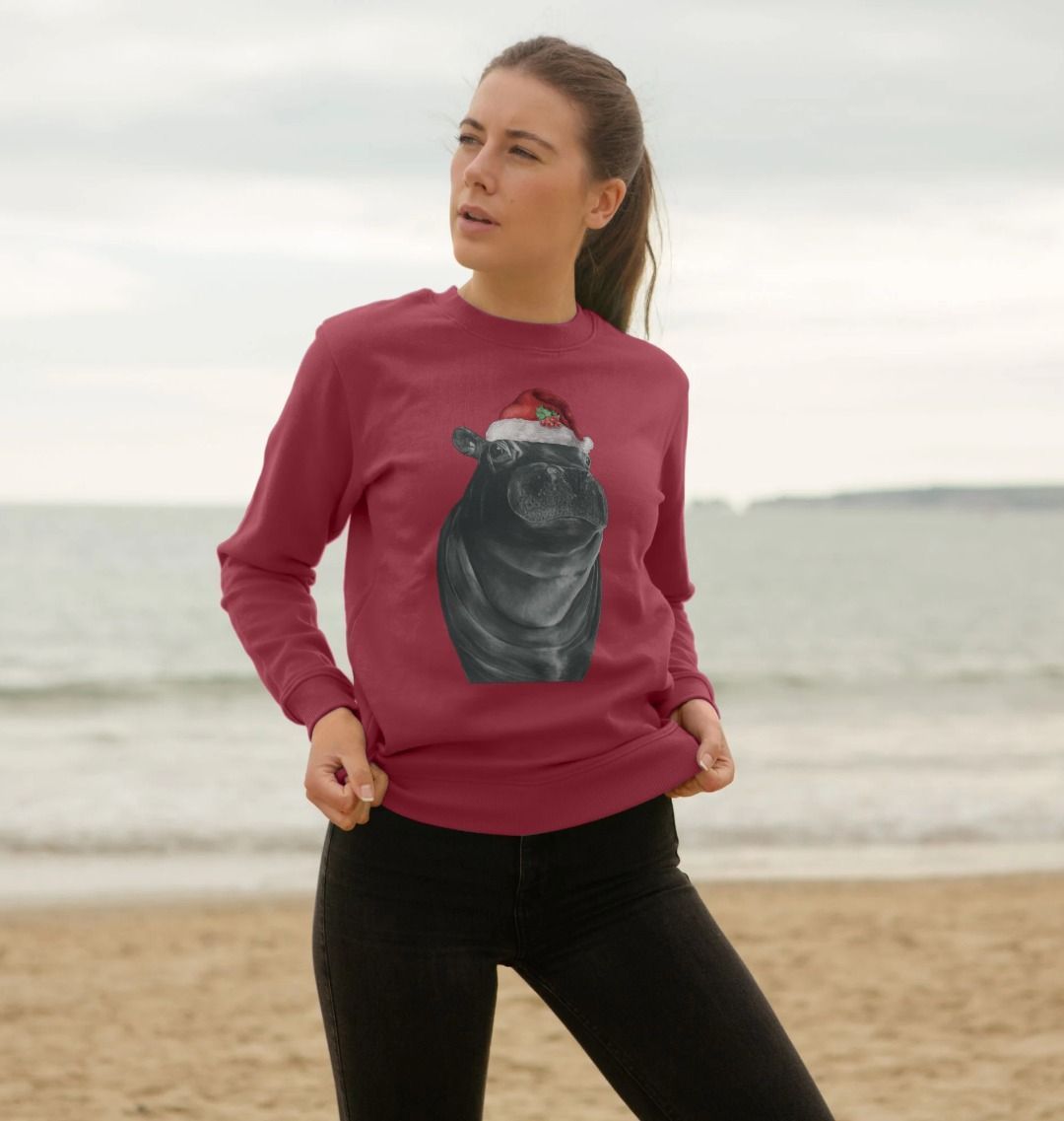 Women's Crew Neck Festive Hippo Sweater Certified Organic Cotton