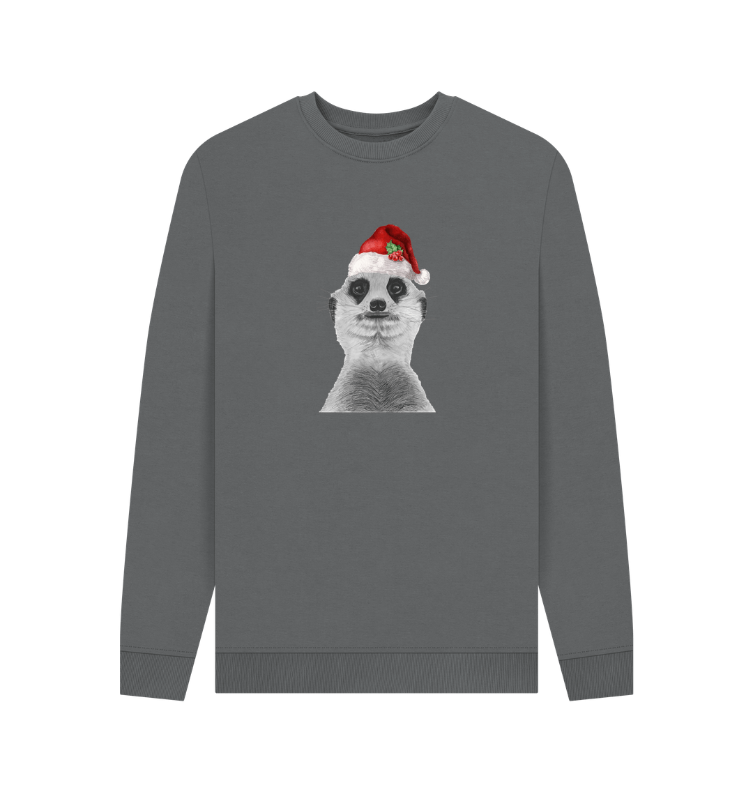 Slate Grey Men's Festive Meerkat Crew Neck Sweater Certified Organic Cotton