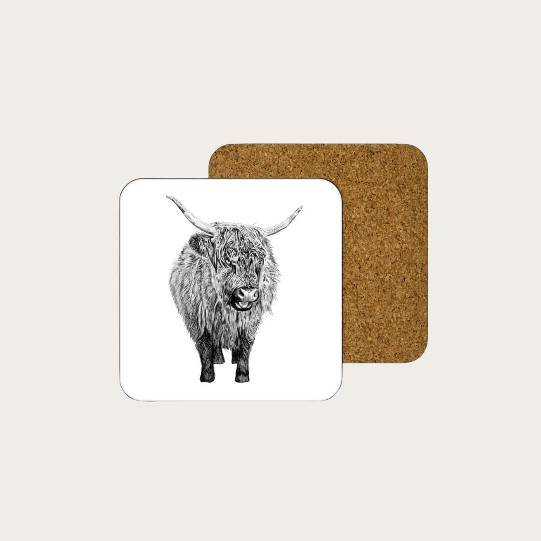Hand-drawn baby Highland Cow illustration on a drinks coaster by Libra Fine Arts. A charming and detailed design, perfect for adding a touch of rustic, countryside warmth to your home decor while protecting surfaces.