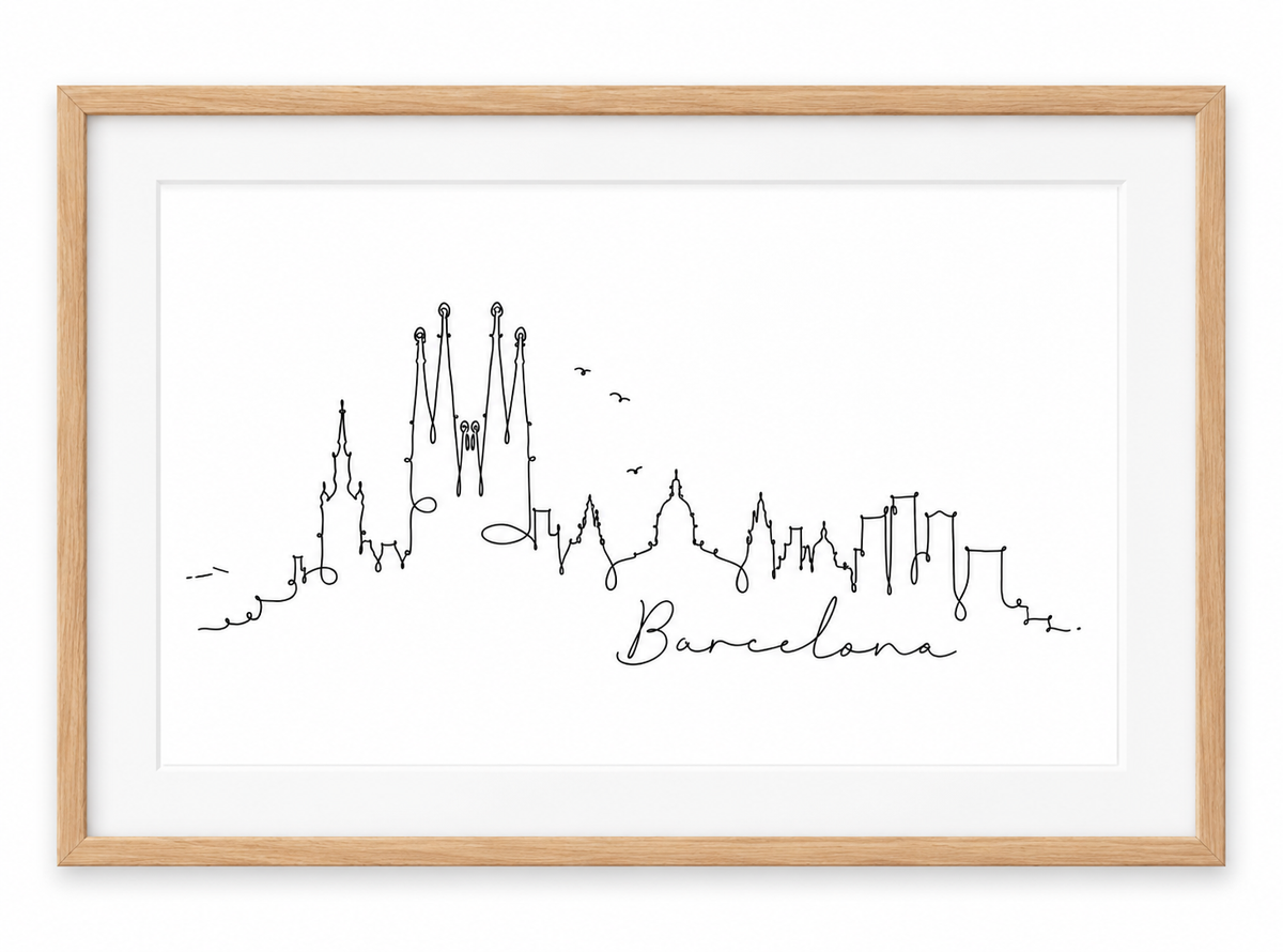 Barcelona Skyline Print – Oak frame with white mount