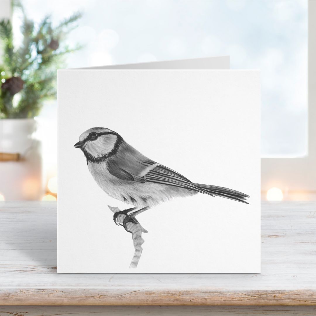 A hand-drawn Bluetit bird standing greeting card, showcasing a beautifully detailed illustration of the small, colorful bird. The vibrant design captures the Bluetit’s charming character, making it a perfect card for nature lovers. Printed on high-quality cardstock, this card is ideal for any occasion, offering a sweet and thoughtful touch to birthdays, thank-yous, or other celebrations.