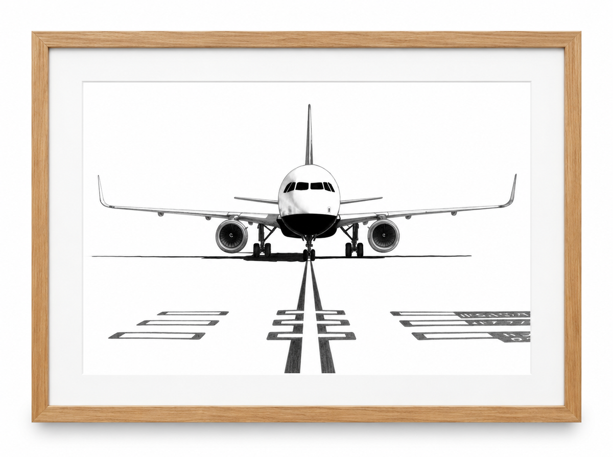 Boeing 737 Front View Fine Art Print in oak frame