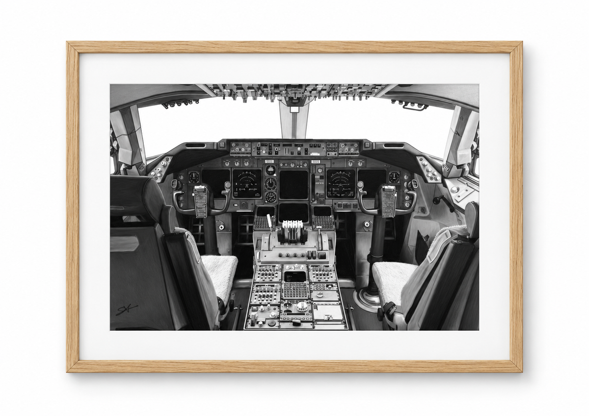 Boeing 747 Cockpit Fine Art Framed Print in oak frame