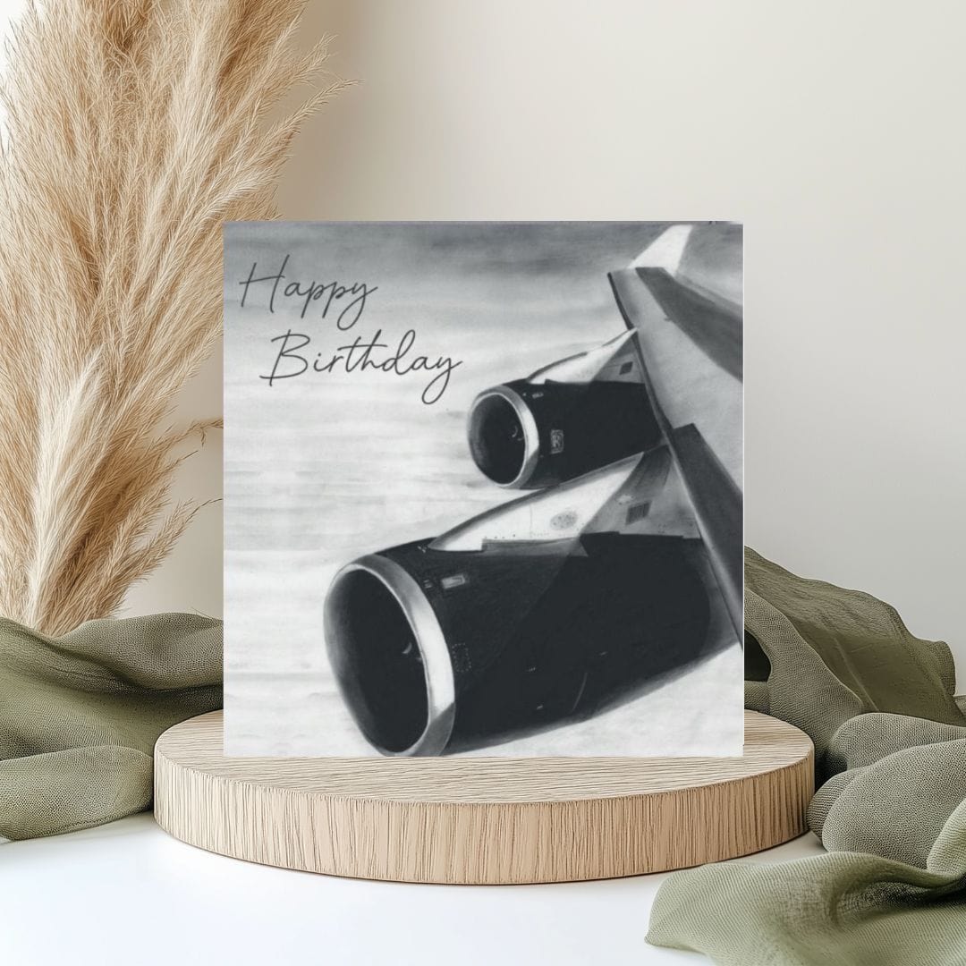 A Happy Birthday 747 Aircraft Wing Card featuring a detailed hand-drawn illustration of a Boeing 747 aircraft wing, ideal for aviation enthusiasts celebrating a special birthday.