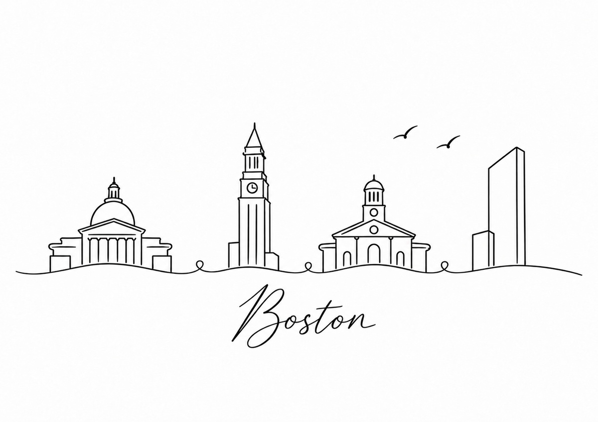 Boston skyline artwork featuring black line landmarks and city lettering on a white background