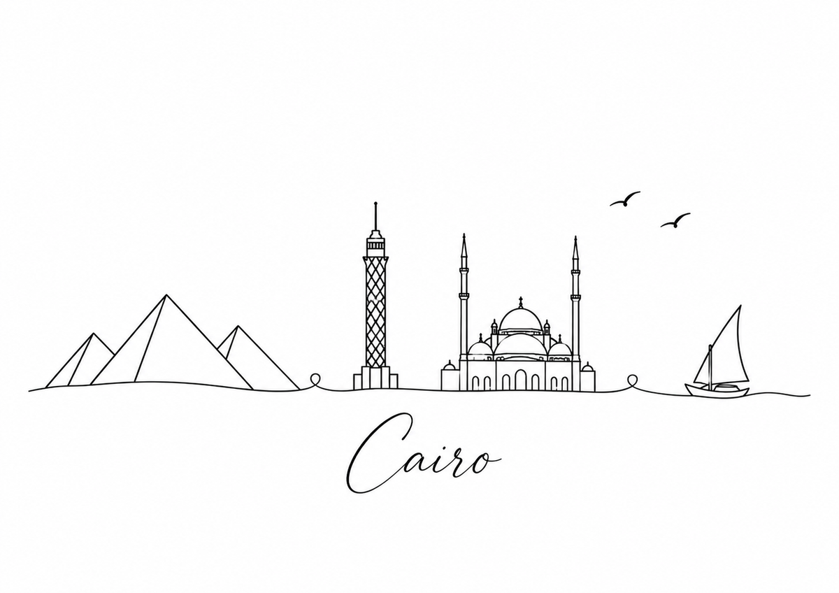 Cairo skyline artwork featuring black line landmarks and city lettering on a white background