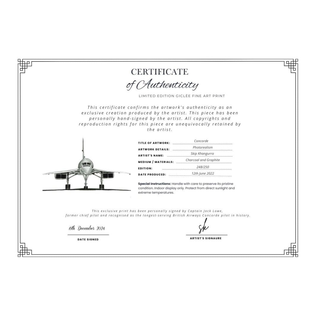 A limited edition signed Concorde print, framed in white, accompanied by a certificate of authenticity. The print, personally signed by Jock Lowe, captures the majestic Concorde in exquisite detail. This collectible piece is accompanied by the certificate, verifying its authenticity as a genuine work of art. The sleek white frame enhances the print, making it a sophisticated and prestigious addition to any aviation enthusiast’s collection.