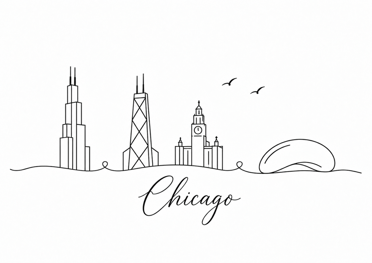 Chicago skyline artwork featuring black line landmarks and city lettering on a white background