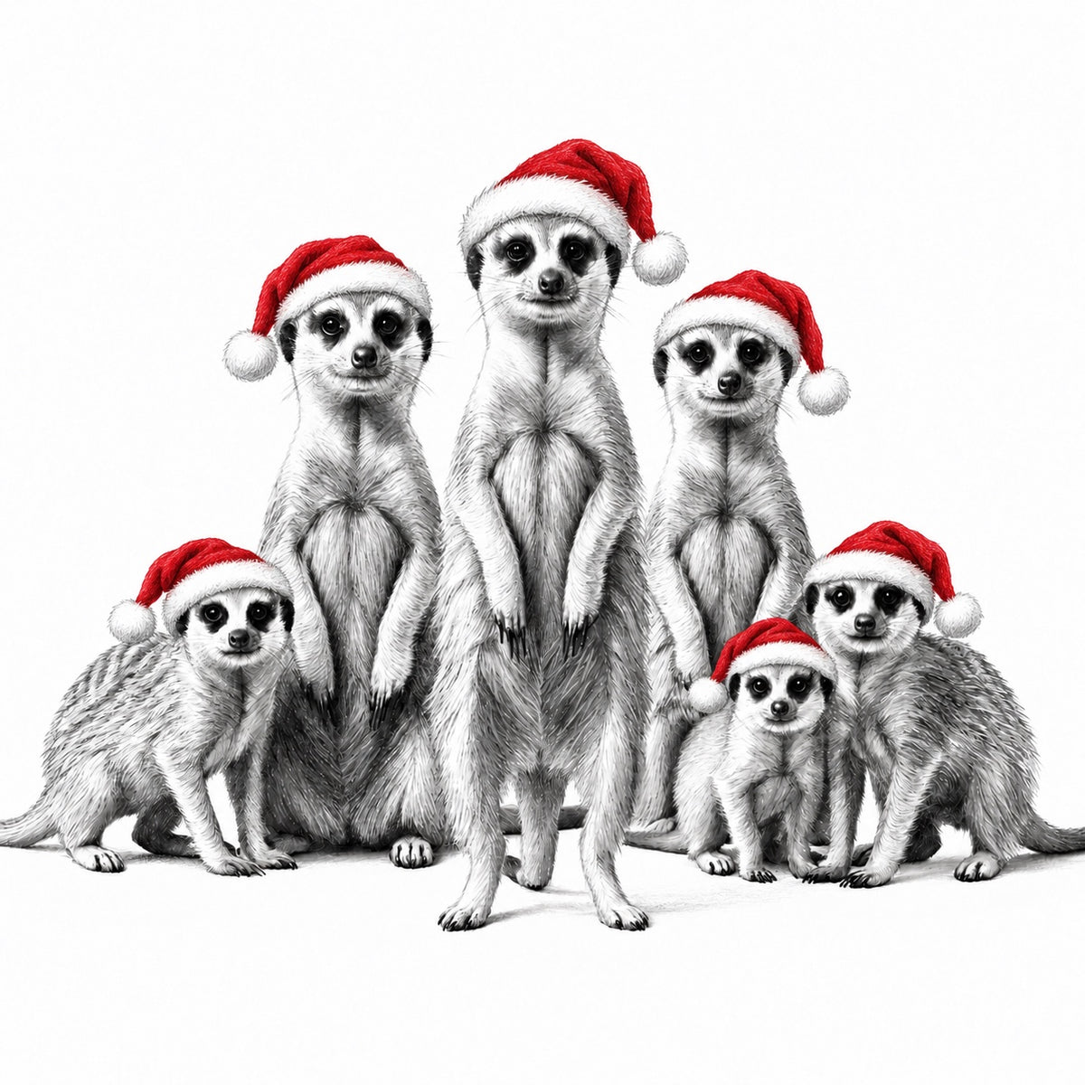 Six hand-drawn meerkats wearing red Santa hats on a white background