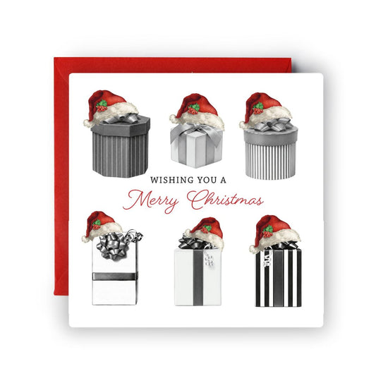 Hand-drawn Christmas presents wrapped with festive ribbons and bows, a joyful holiday card designed in Windsor to spread Christmas cheer.