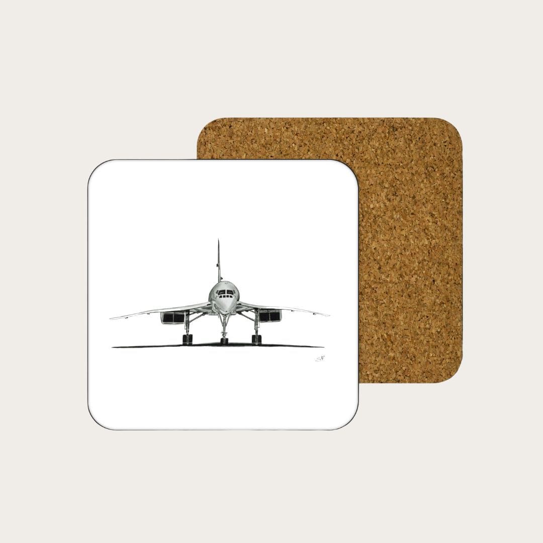 Hand-drawn Concorde Drinks Coaster by Libra Fine Arts, featuring a detailed black and white illustration of the iconic Concorde aircraft. A stylish and practical gift for aviation lovers