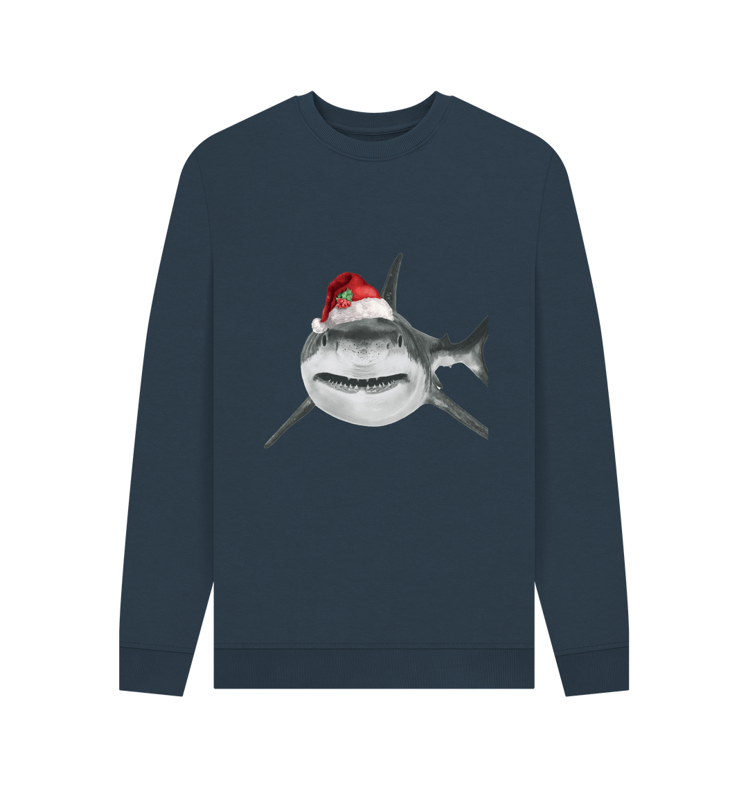 Navy Blue Men's Crew Neck Festive Shark Sweater Certified Organic Cotton