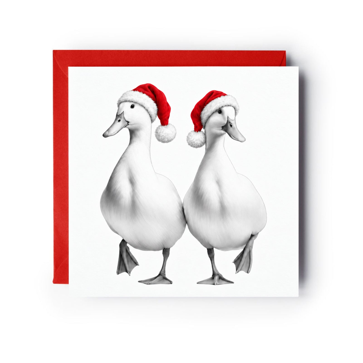Two dancing ducks wearing red Santa hats on a Christmas card with a red envelope
