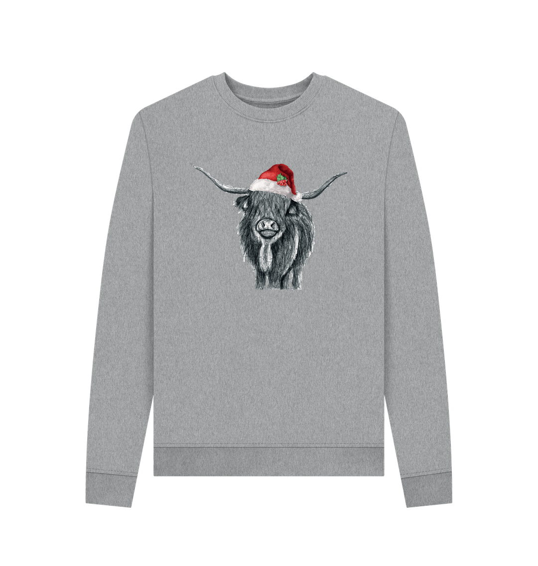 Light Heather Woman's Crew Neck Festive Highland Cow Sweater Certified Organic Cotton
