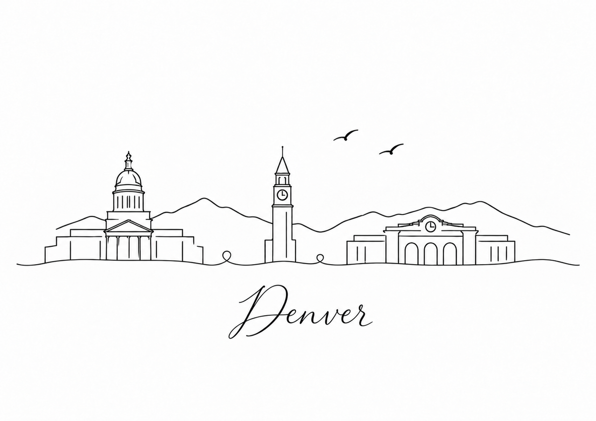 Denver skyline artwork featuring black line landmarks and city lettering on a white background