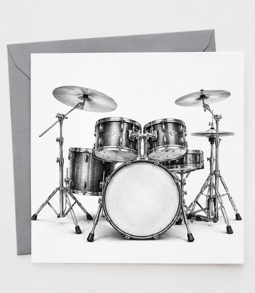 Drum Kit greeting card with grey envelope mock-up