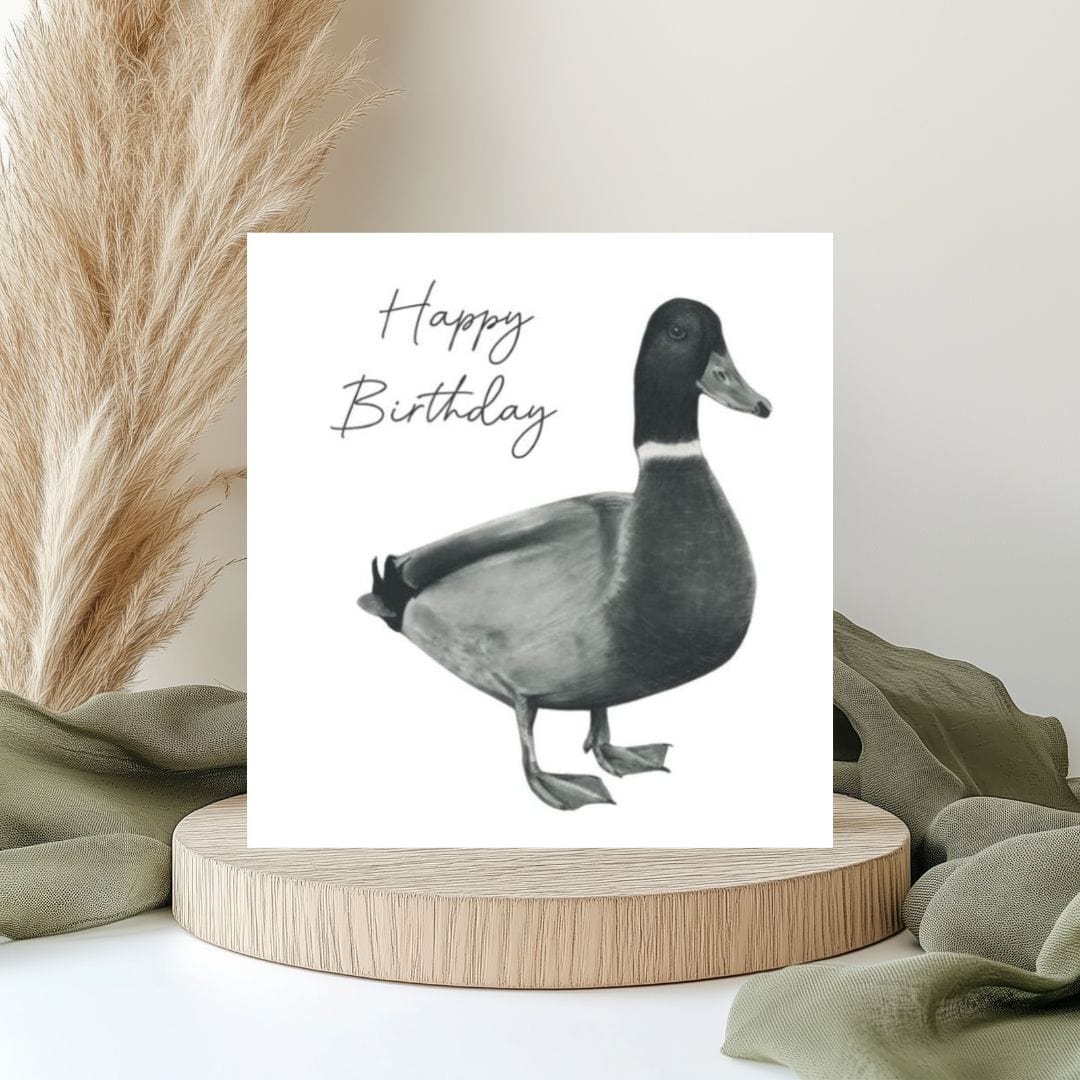 A Birthday Duck Card featuring a hand-drawn illustration of a cheerful duck, paired with a bright yellow envelope, perfect for sending joyful birthday wishes