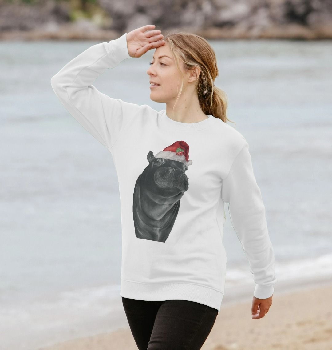 Women's Crew Neck Festive Hippo Sweater Certified Organic Cotton