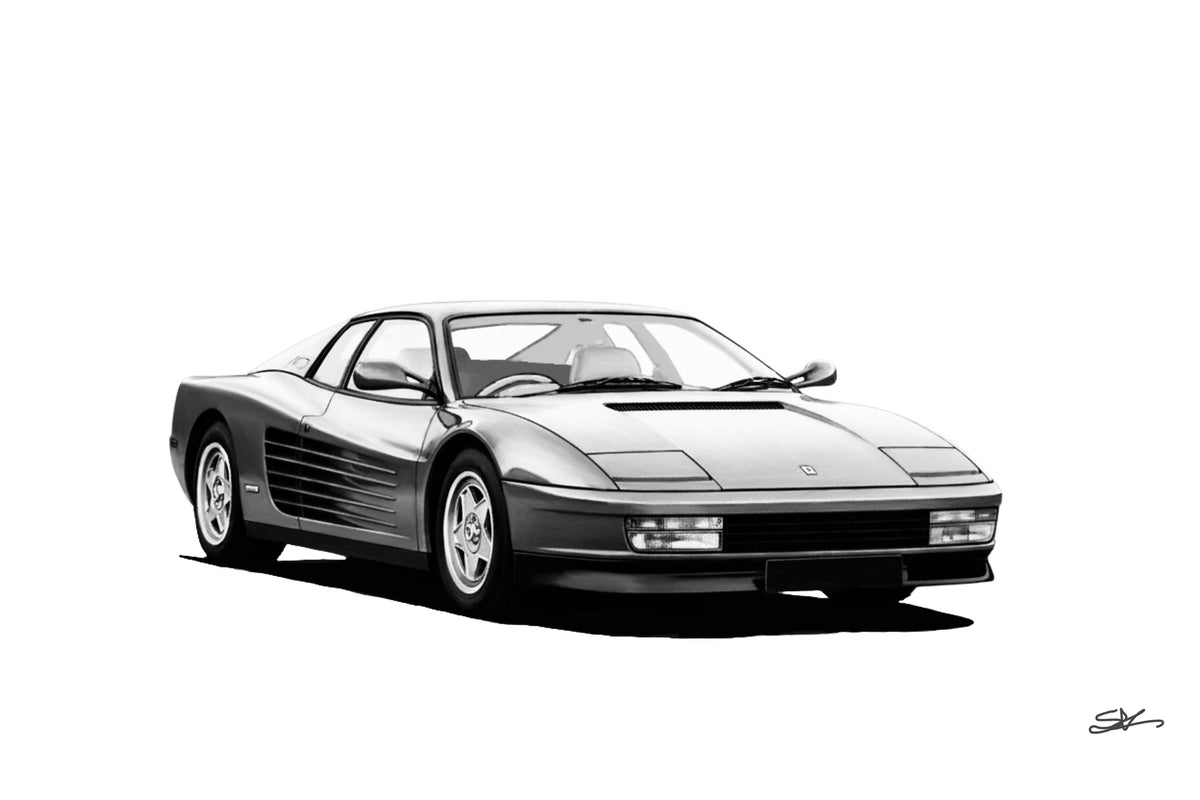 Hand-drawn Ferrari Testarossa supercar fine art print