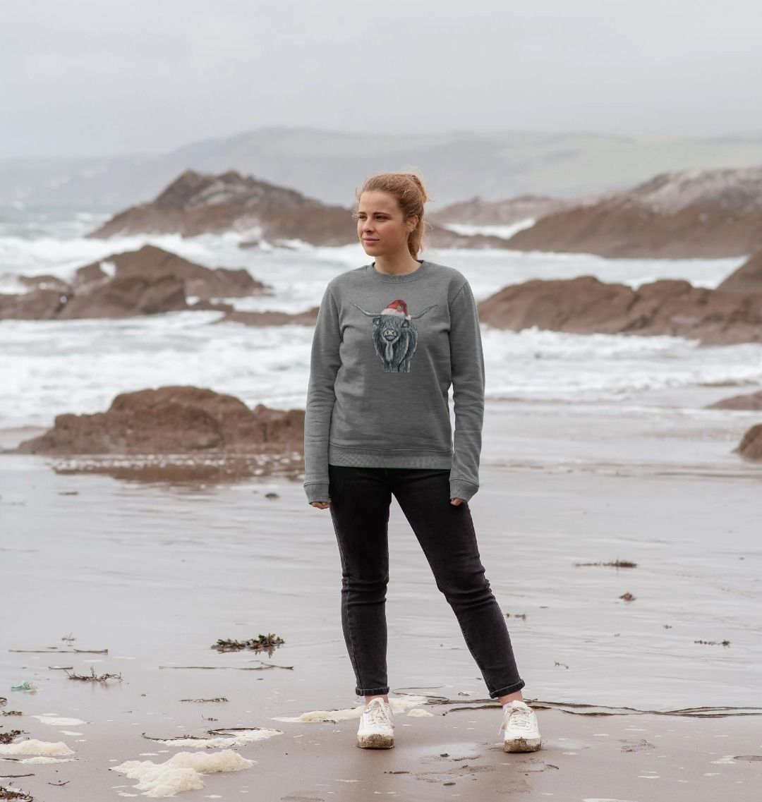 Woman's Crew Neck Festive Highland Cow Sweater Certified Organic Cotton