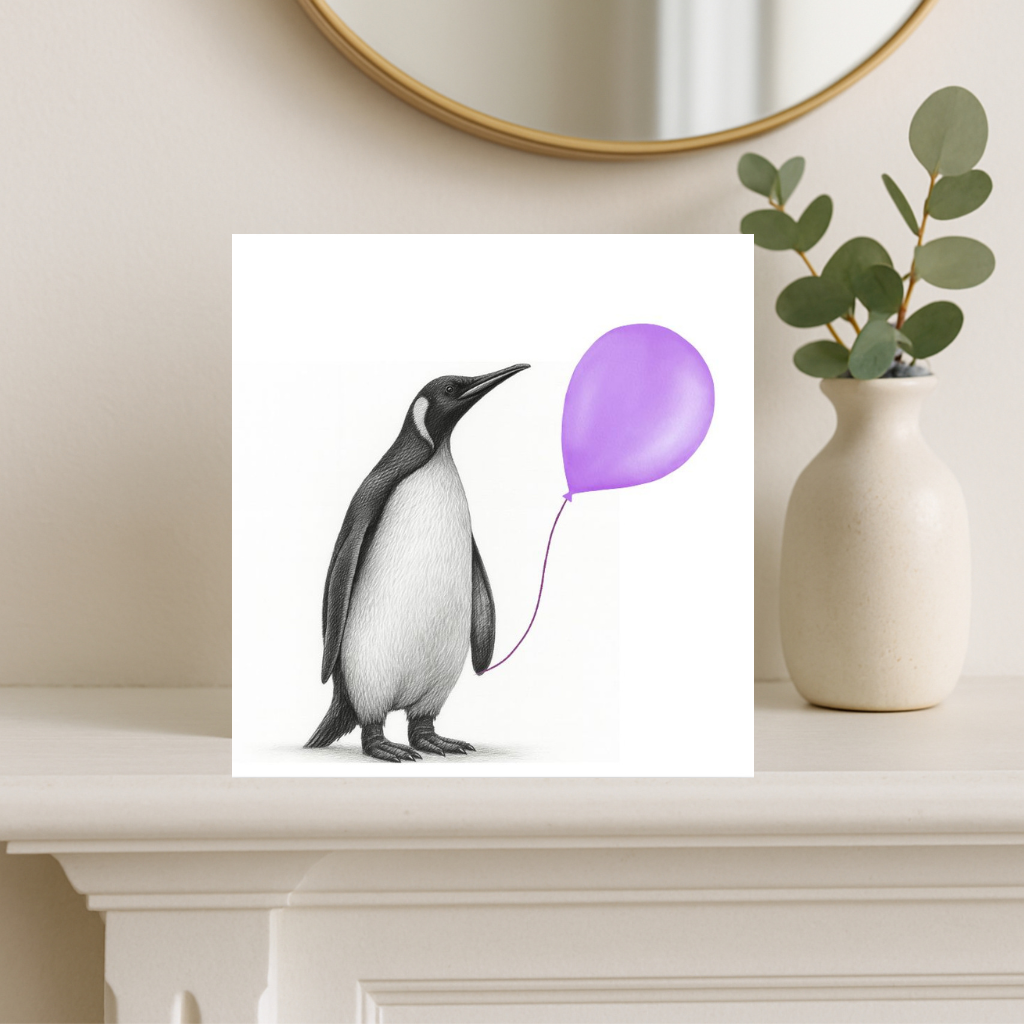 Floating Penguin – Purple Balloon Hand-Drawn Greeting Card | Cute & Whimsical Art