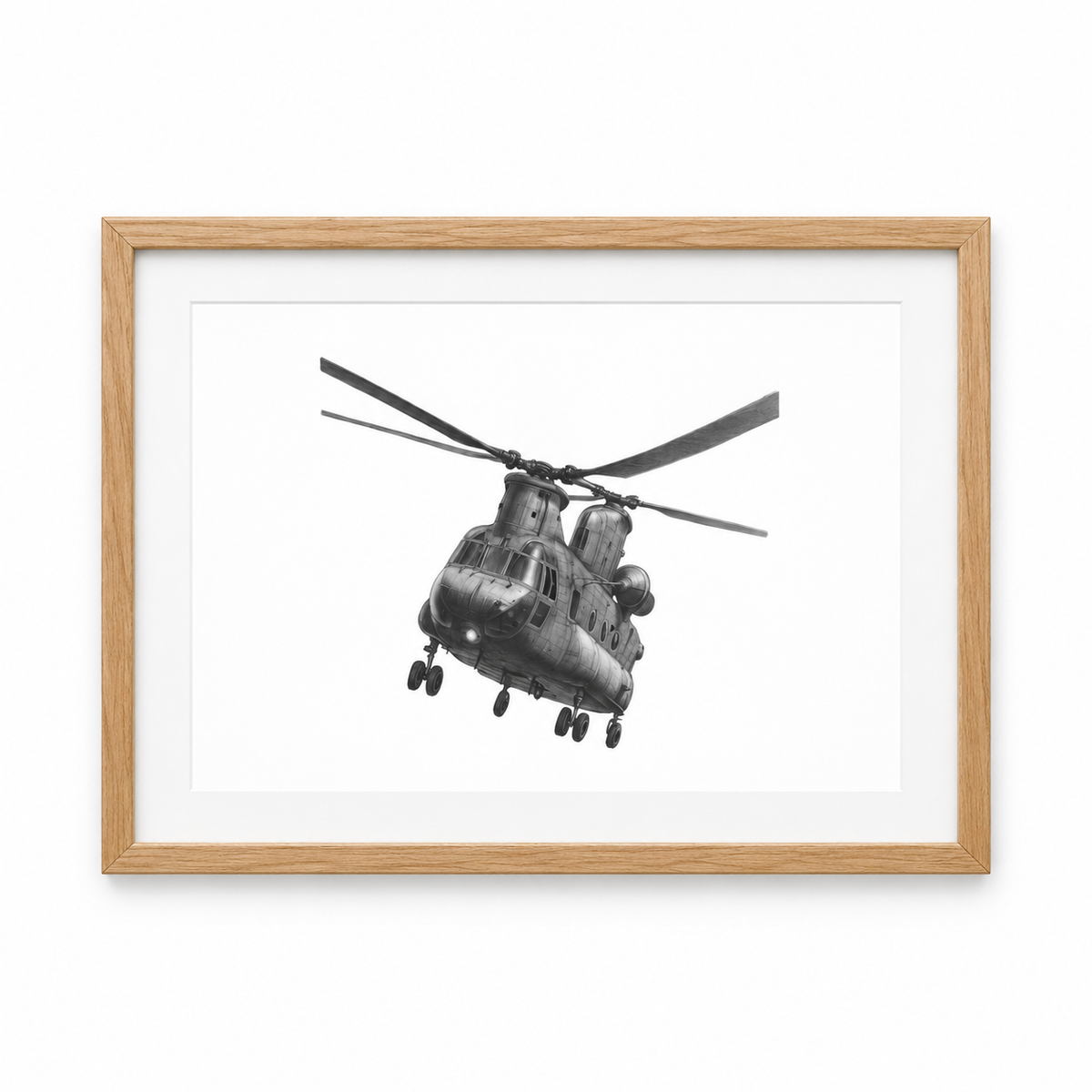 Boeing CH-47 Chinook Hand-Drawn Print | Military Aviation Art in oak frame