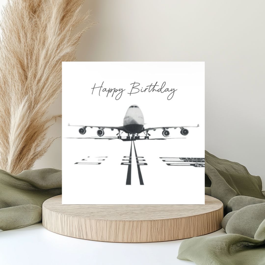 A Happy Birthday Boeing 747 Aircraft Card featuring a hand-drawn illustration of the iconic Boeing 747, perfect for sending birthday wishes to aviation enthusiasts