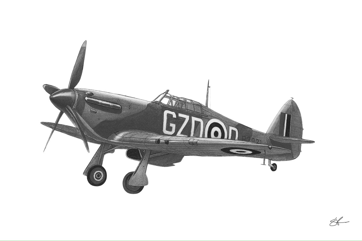 Hand-drawn Hawker Hurricane GZ-D P2921 military aviation fine art print
