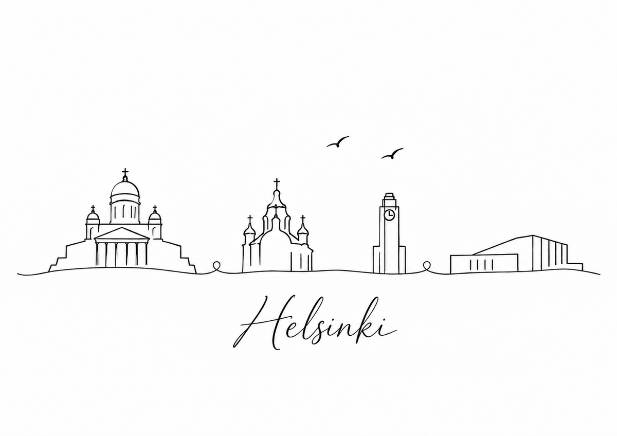 Helsinki skyline artwork featuring black line landmarks and city lettering on a white background