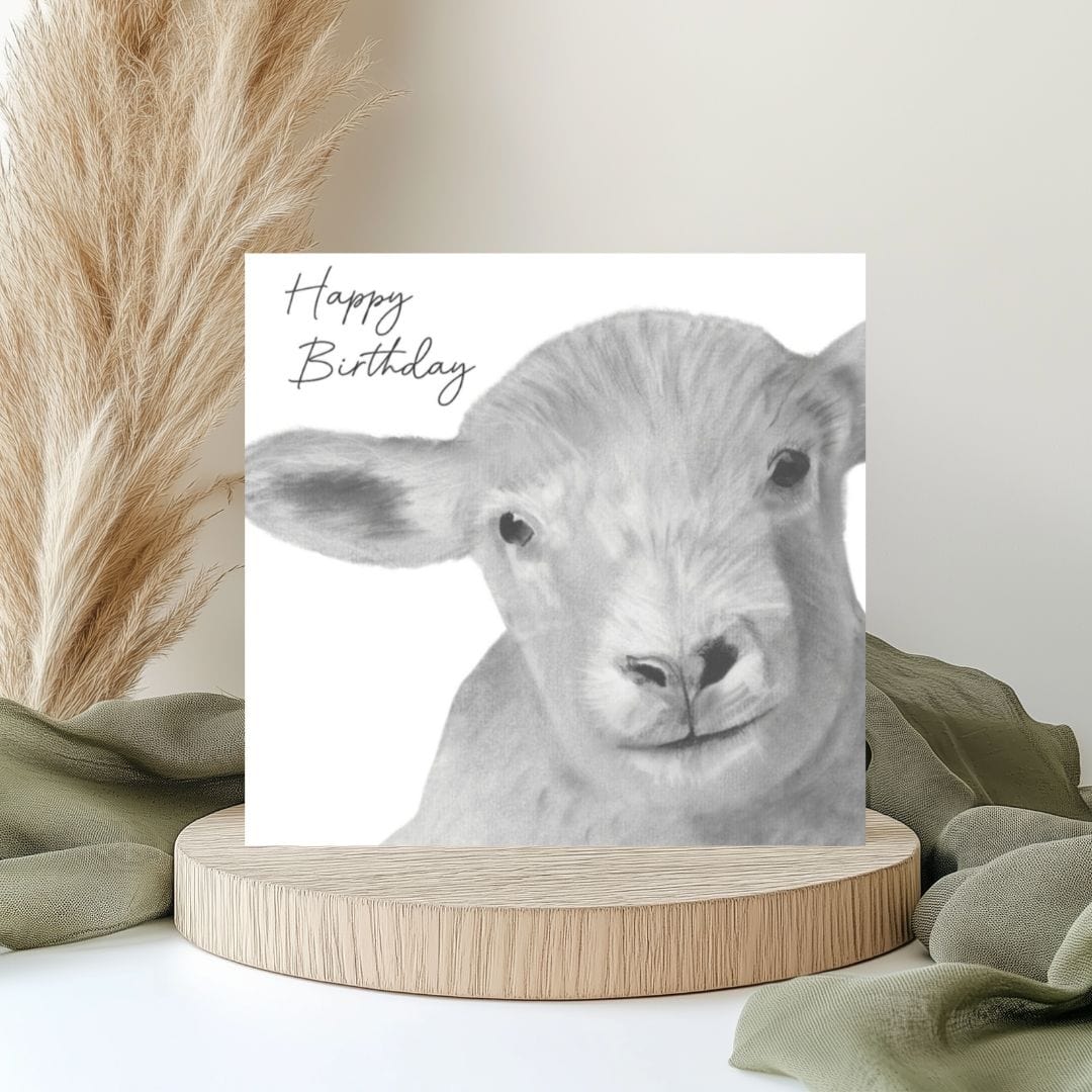 "Lamb Birthday Card Hand-Drawn by Lobra Fine Arts – A charming, hand-drawn design featuring an adorable lamb, perfect for sending sweet and thoughtful birthday wishes to someone special.