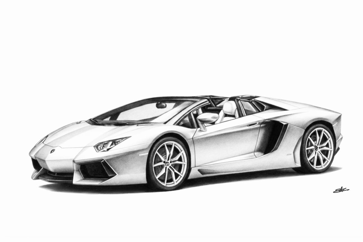 Hand-drawn Lamborghini Aventador Roadster fine art print