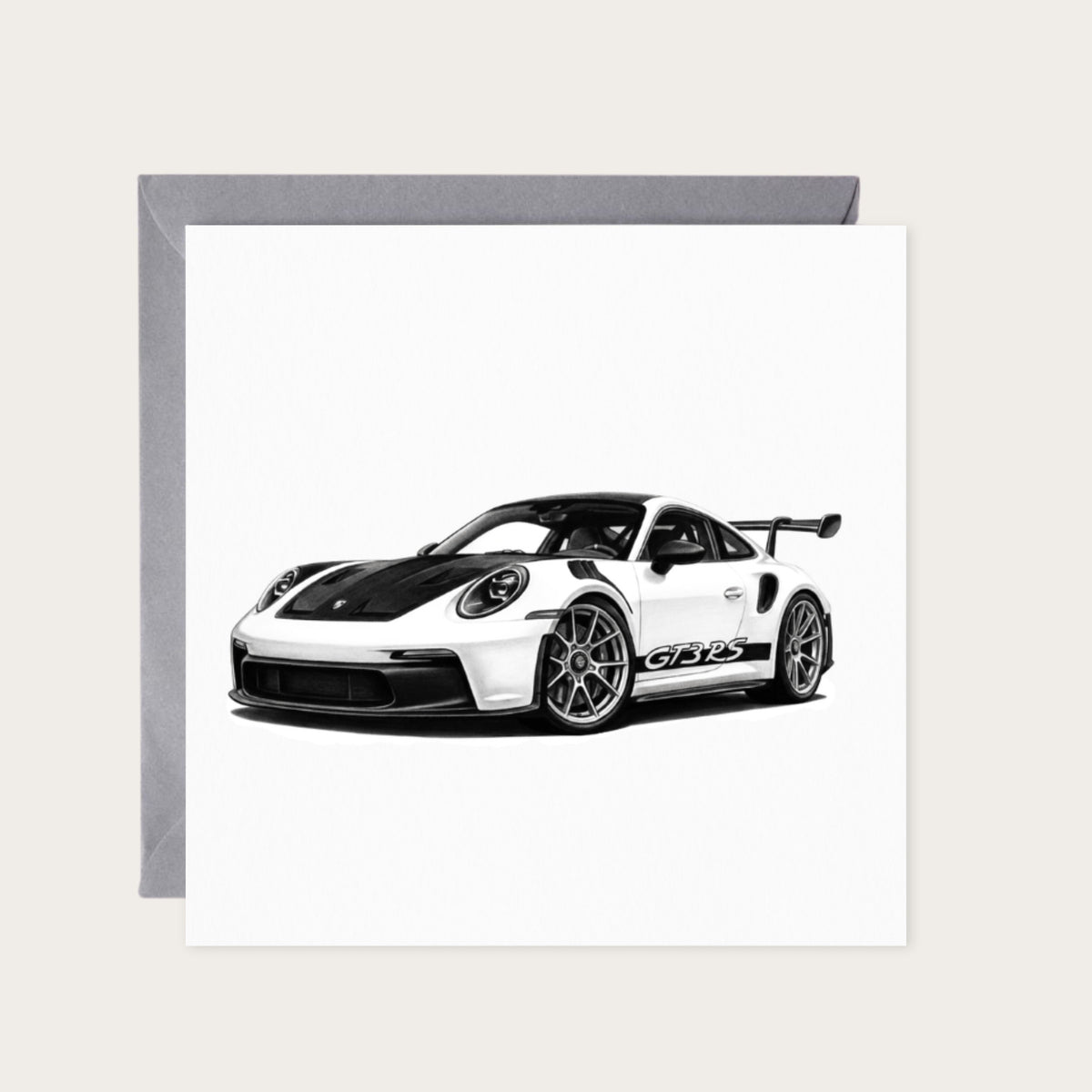 Porsche GT3 Greeting Card – Hand-Drawn Sports Car Art Card for Porsche Fans — card with grey envelope