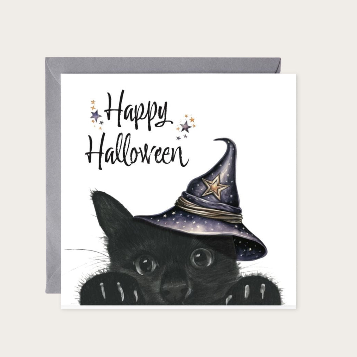 Cute Halloween Witches Cat Greeting Card | Spooky Witchy Halloween Card — card with grey envelope