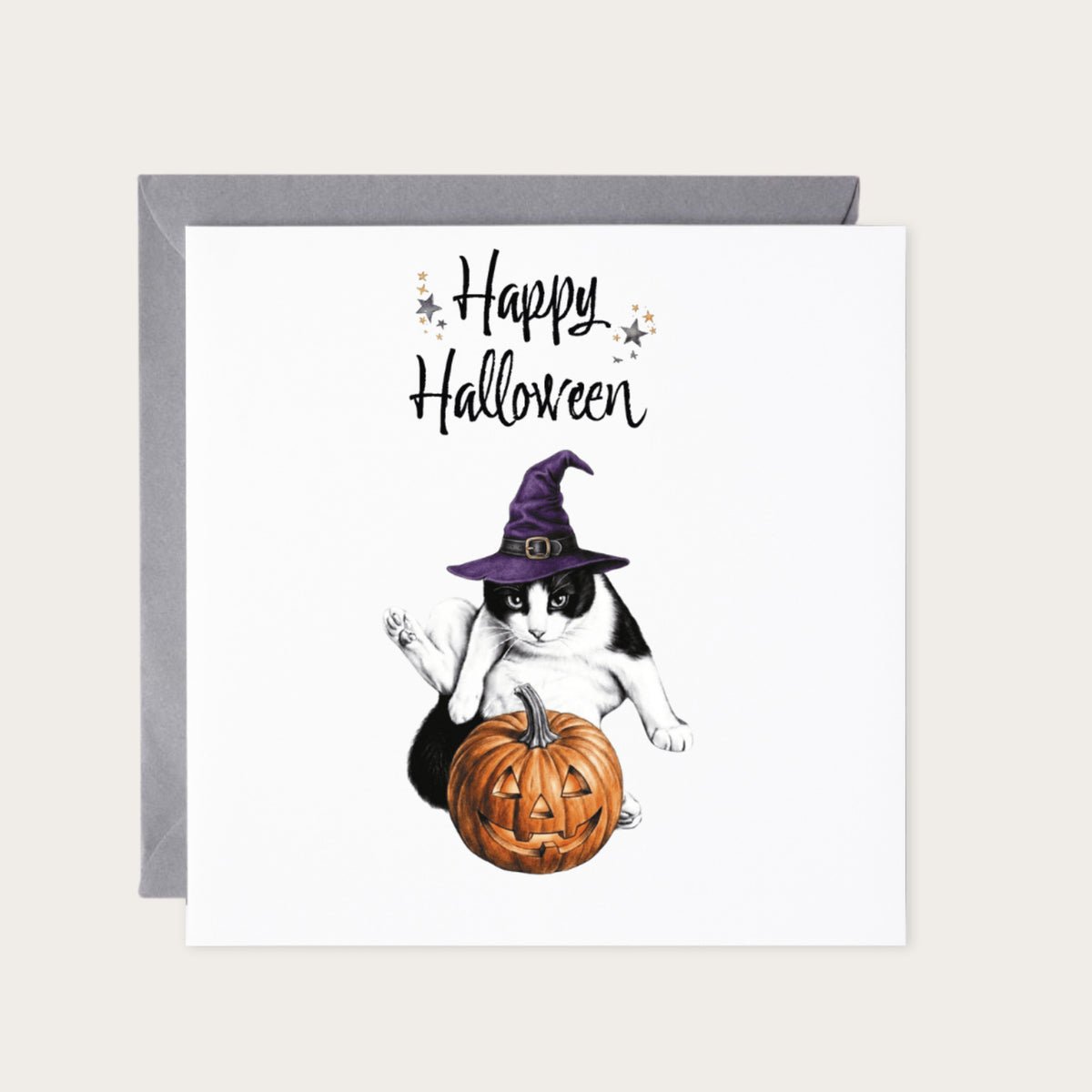Witchy Cat & Pumpkin Halloween Card | Cute Cat Witch Hat Greeting Card — card with grey envelope